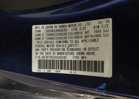 2005 Honda Cr-V Ex z USA, uszkodzony, nr VIN JHLRD78825C042645